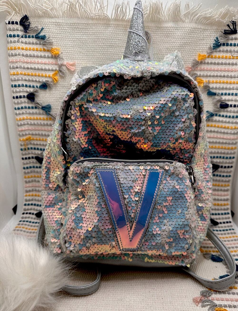 Justice Sequin Mini Backpack Bag White Pink Unicorn With Letter V & Fluff Tag